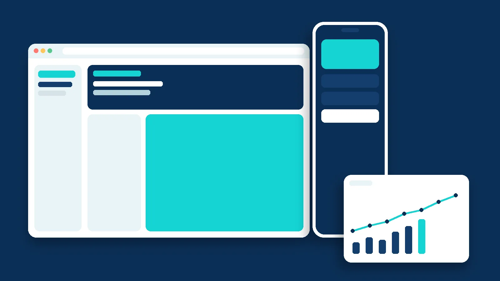 A website layout, a phone screen, and a rising chart in navy and teal.