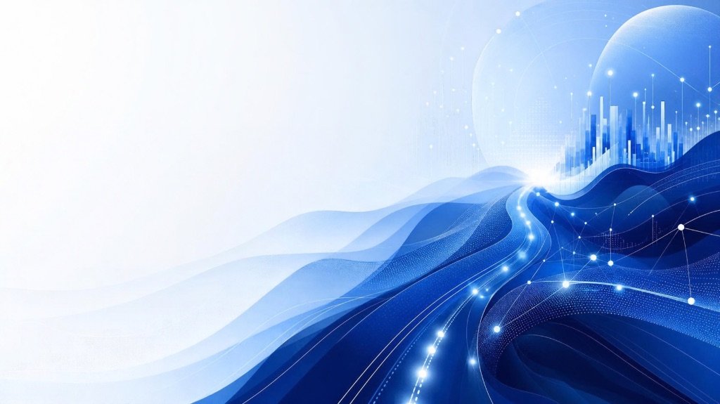 Abstract product interfaces flowing into a marketing and growth path.